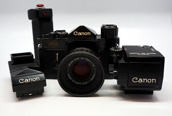 Canon F1 set 3x Hranol + Motor +obj: Canon FD 50mm 1,8f